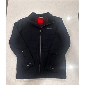 Columbia Mens Black Canvas Work Jacket Red Buffalo Plaid Fleece Lined Small